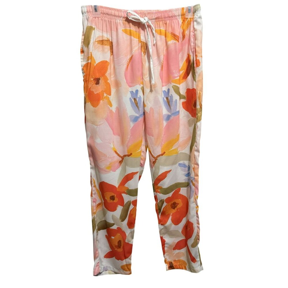 Womens Casual Loose Fitting Floral Pull-On Pants XL Tapered Leg Drawstring Waist